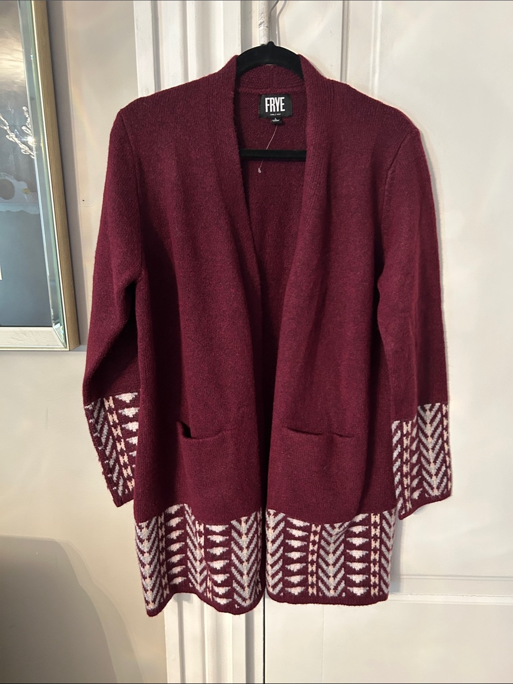 FRYE Women's Maroon Open-Front Cardigan with Patterned Hem